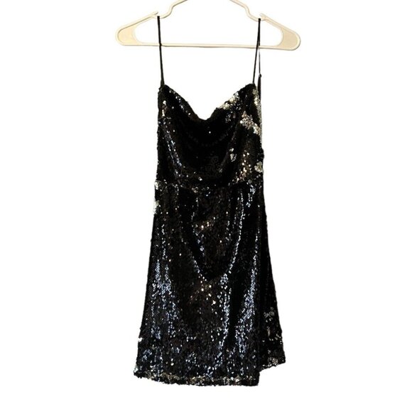 Lucy in the Sky Black Sequin‎ Mini Dress Open Tie Back Size Small Party Preppy - Picture 1 of 8